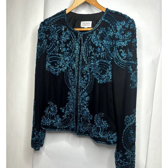 Sean Collection Silk Sequin Beaded Formal Jacket Womens Black Designer Luxury - Picture 2 of 8